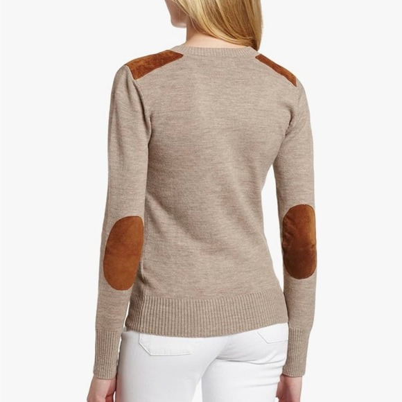 MINNIE ROSE Sweater Women S Gray Merino V-neck Long Sleeve Leather Elbow Patch - Picture 12 of 12